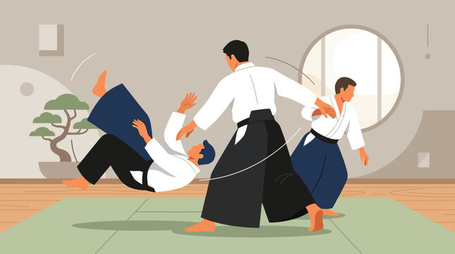 Aikido Martial Arts Practice Illustration in Dojo with Men Training Throwing Techniques and Wearing Traditional Hakama

