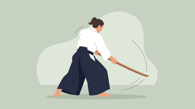 Flat illustration of a woman practicing Aikido with a wooden bokken sword in traditional hakama attire.
