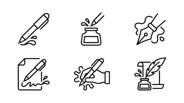 Line art icons depicting writing implements inkwells and parchment on a white background calligraphy