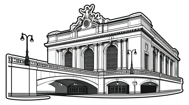 Abstract architectural illustration of Grand Central Station facade detail in black and white