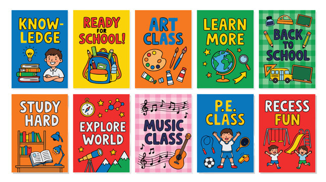 Colorful school icons set for education and learning activities for kids and students