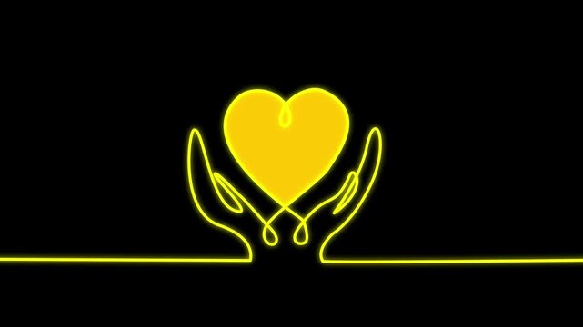 Line art drawing of human hands holding a heart animation representing charity and love concept on black background.