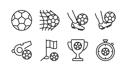 Soccer Icons Collection Linear Style On White Background Depicting Various Game Elements ball football © SheulyAkter