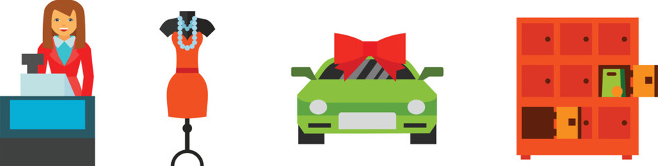 Flat illustration of gift items and car with bow © Mukhlisur