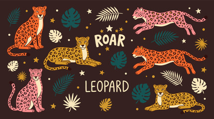 Cute cartoon leopards in various poses surrounded by tropical leaves and stars © Amirul