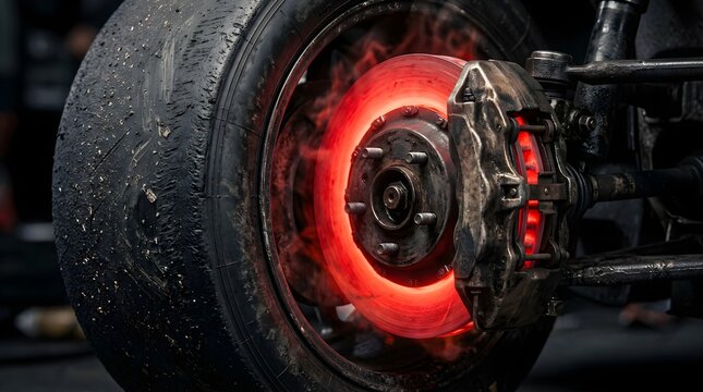 Glowing hot racing car brake disc with smoke after extreme braking
