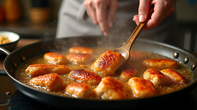 Chef cooking gourmet chicken stir-fry in a wok. Professional culinary expert preparing Asian cuisine with fresh ingredients and spices.