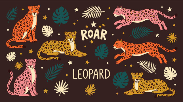 Cute cartoon leopards in various poses surrounded by tropical leaves and stars
