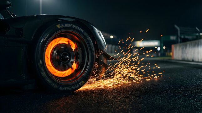 Glowing hot racing car wheel with sparks on a track at night