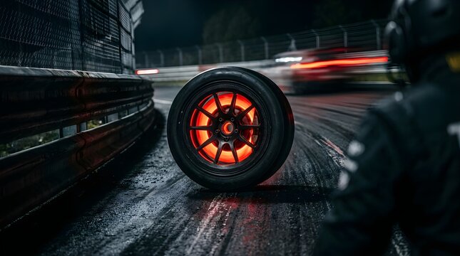 Glowing hot racing car wheel on a wet track at night during a competition