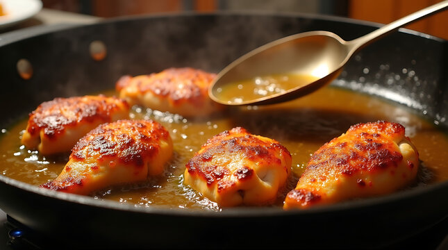 Golden caramelized meatballs simmering in rich sauce with spoon. Savory slow-cooked pork or beef balls in glossy gravy for gourmet cooking.