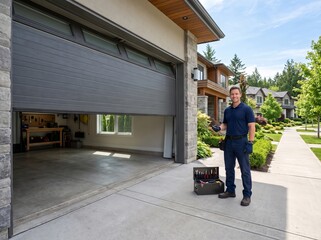 Fototapeta premium Professional garage door maintenance service with technician performing full safety inspection on a contemporary residential garage