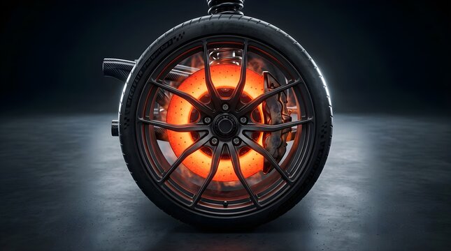 Glowing red hot brake disc on a sports car wheel in dark studio