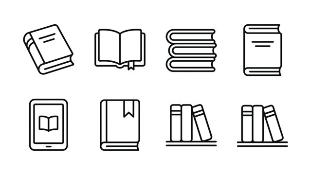 Collection Of Books And E reader Line Icons On A White Background book volume
