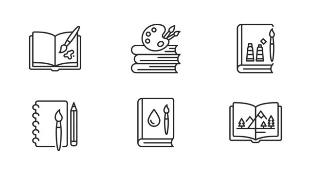 Art Supplies Icon Set Linear Style Illustrations Of Books Paint Palettes And Brushes artist