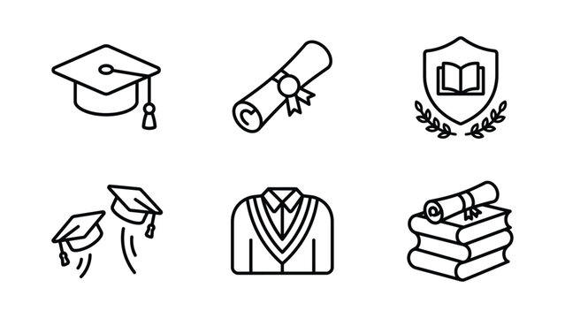 Graduation Icons Set Linear Style Outline Depicting Academic Achievements And Ceremonial Elements cap mortarboard