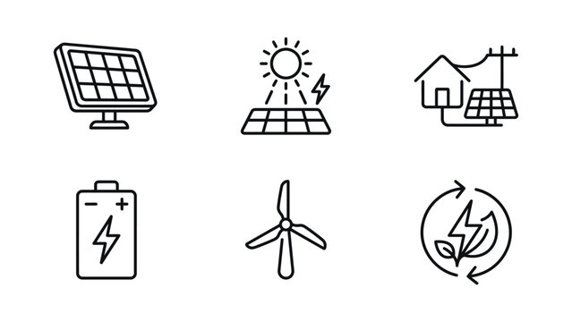 Renewable Energy Icons Set Line Art Style Depicting Solar Panels Wind Turbines And Power Sources