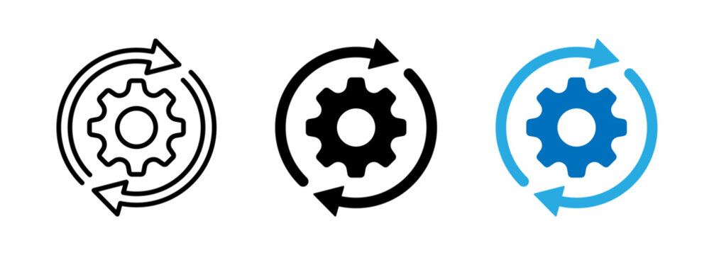 Sync process and workflow icon. Setting icon with arrow and gear representing update, automation, synchronization, system optimization. Transparent vector and PNG