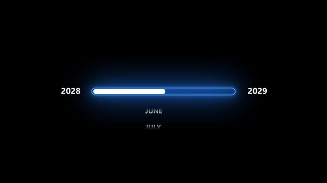Digital progress bar loading animation with year transition from 2028 to 2029 and month counter on black background, 4K motion graphics