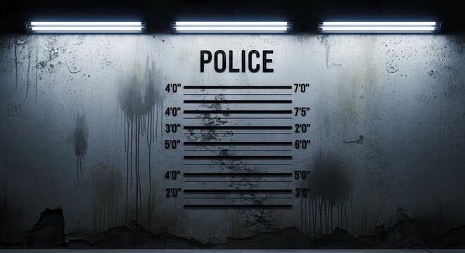Gritty Police Lineup Background with Height Chart on Dirty Concrete Wall for Crime and Justice Concepts