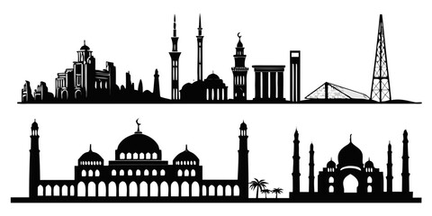 Black and white line of middle eastern mosque architecture silhouettes minaret dome islamic architecture © AE