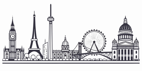 Black and white of iconic city skyline with historic and modern buildings historic buildings modern architecture © AE