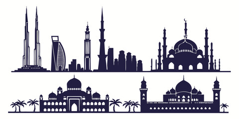 Black and white of middle eastern cityscape with domes, minarets, and skyscrapers middle eastern architecture © AE