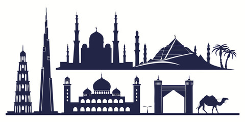 Black and white of middle eastern mosque and camel silhouette minaret dome palm tree © AE
