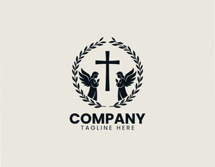 Obraz premium Christian baptism cross with praying angels wreath black vector logo illustration style