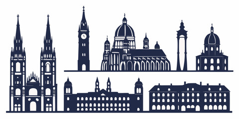 Set of 27 european architectural landmarks silhouettes on white background, european architecture gothic spires © AE