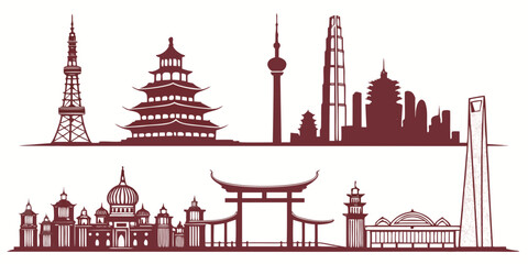 Set of 28 asian landmarks, including temples, pagodas, and towers, on white background © AE
