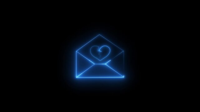 Neon glowing broken heart inside envelope icon animation, heartbreak message symbol on black background, 4K motion graphics