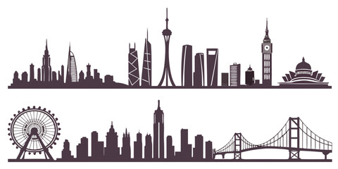 Set of five minimalist city skyline silhouettes against white background, skyscraper tower building © AE