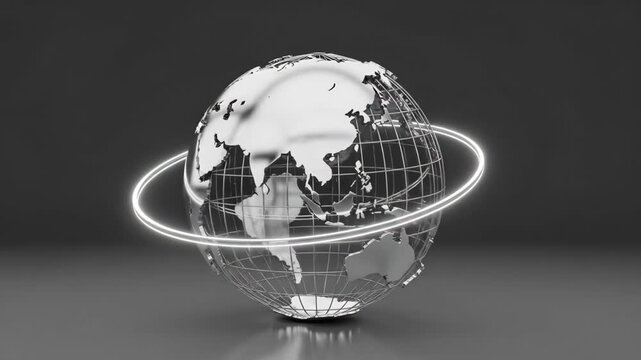 A sleek 3d rendered metallic earth globe with a glowing orbital ring effect