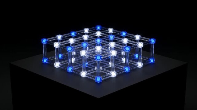 漆黒の空間で青と白の光を周期的に放つ3D結晶格子の抽象的CGアニメーション