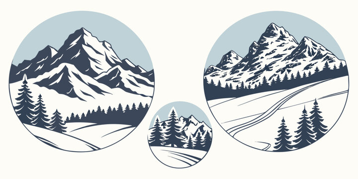 Set of 35 minimalist snow-capped mountain silhouettes on white background, snow mountains minimalist, white background