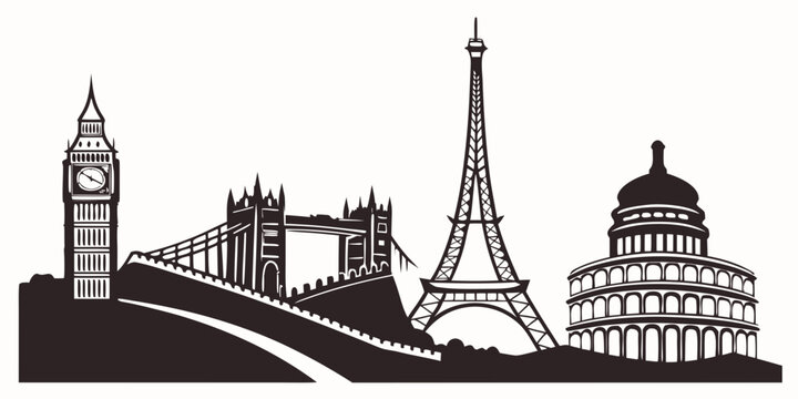 Black and white of famous landmarks, including big ben, eiffel tower, and u.s. capitol clock tower london