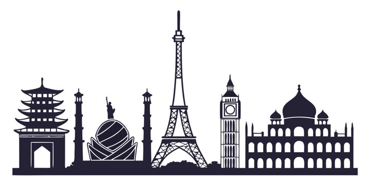 Iconic landmarks in monochrome: big ben, eiffel tower, leaning tower of pisa, statue of liberty, and tower bridge