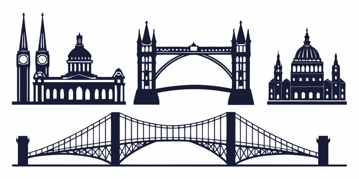Set of five iconic london bridges with big ben and houses of parliament in black and white westminster bridge