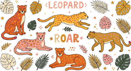 Whimsical cartoon leopards with tropical leaves and text creating a playful jungle theme © Amirul