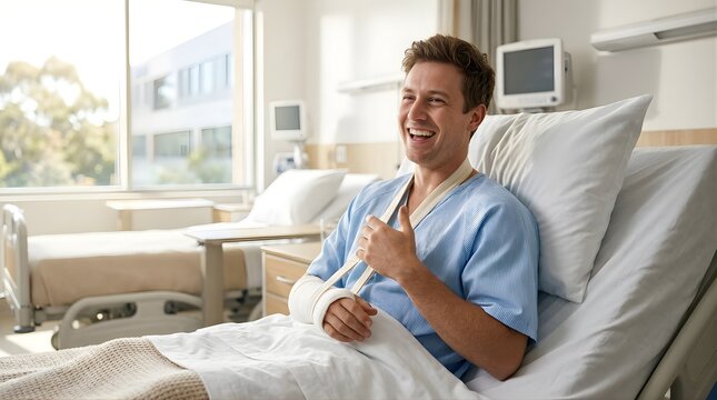 Happy man with arm in sling sitting in a hospital bed recovering