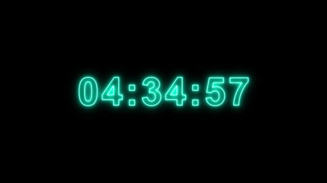 Neon starting soon Digital countdown clock timer in 5 hours to zero second. Element for overlay concept. 4K footage motion video