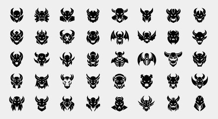 Obraz premium Collection of 36 Demon and Monster Face Icons, Dark Fantasy Symbols, Vector Art