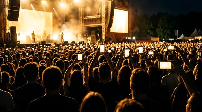 Large crowd holding illuminated smartphones at a night music concert