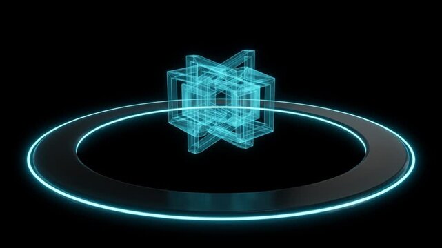 漆黒の背景で2Dリングからシアン色の3Dホログラムが投影される抽象的CG映像