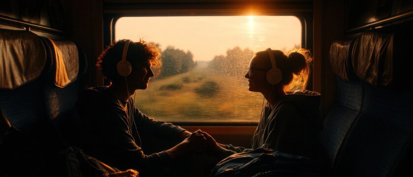 Couple listening to music on a train during sunset