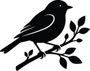 Bird on Branch Silhouette Vector Cute Songbird Perched on Tree Twig Icon Isolated on White Background © MDSALAM