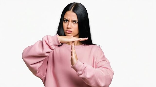 A young woman making a time out gesture with a serious look on her face