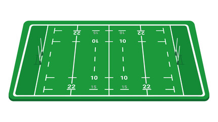 Rugby Field Layout - Top View, Green Grass, White Lines, Goal Posts © EKA