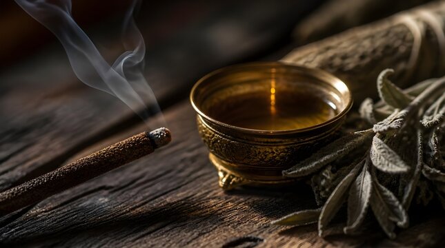 Burning incense stick with rising smoke and a brass incense burner, wellness concept with dried herbs for meditation background